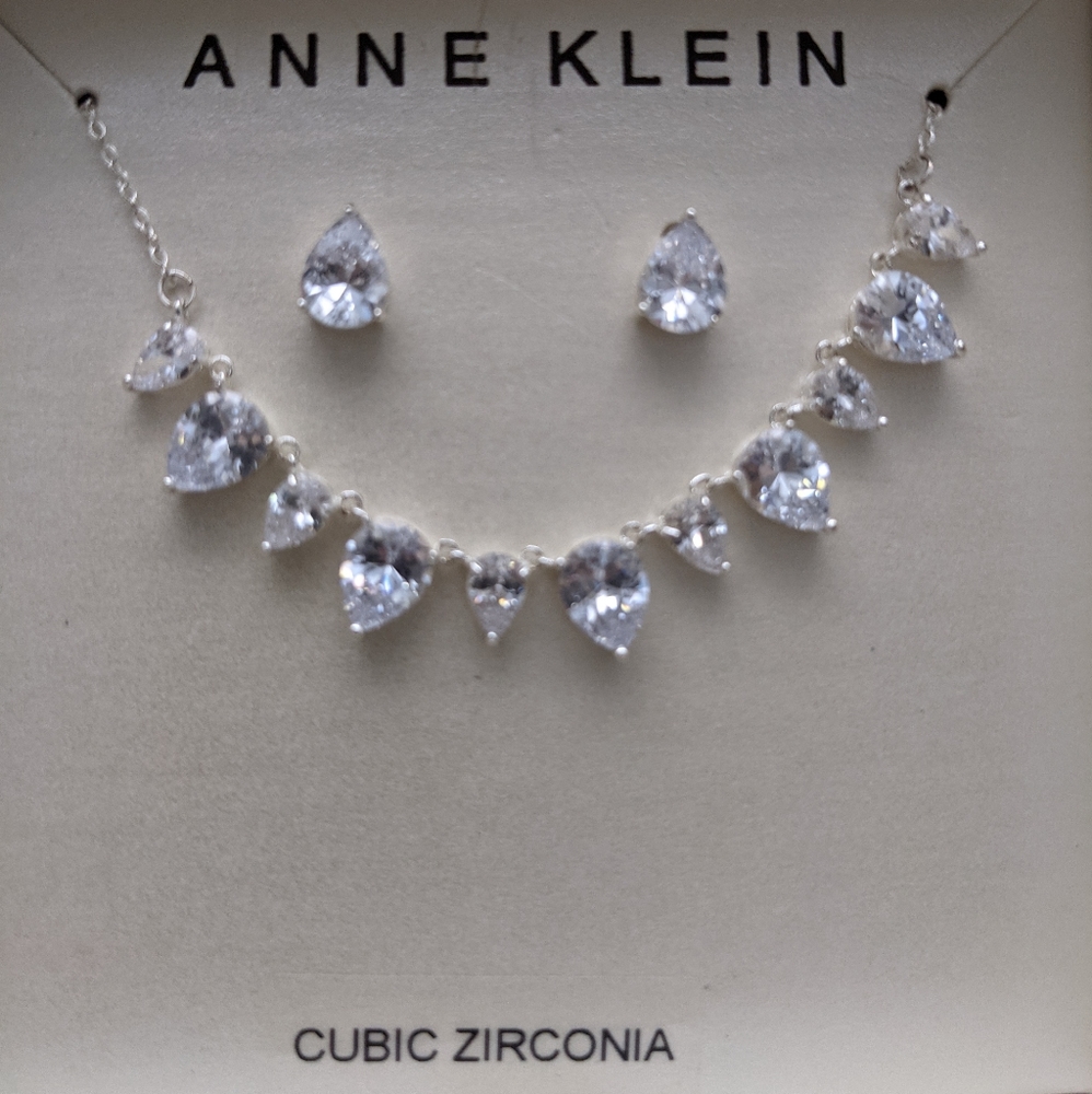 Anne Klein Sterling Silver Cubic Zircona Earring & Necklace Set Valentine's Day